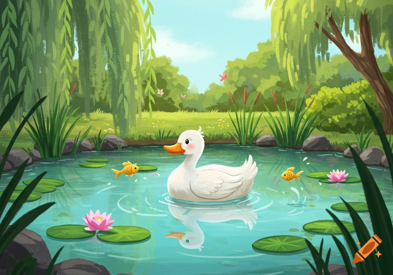 A white duck with a pink cheek and orange beak swims in a blue pond with green lily pads, pink water lilies, and small golden fish in a 2D cartoon style. Green trees and plants surround the pond under a light blue sky.