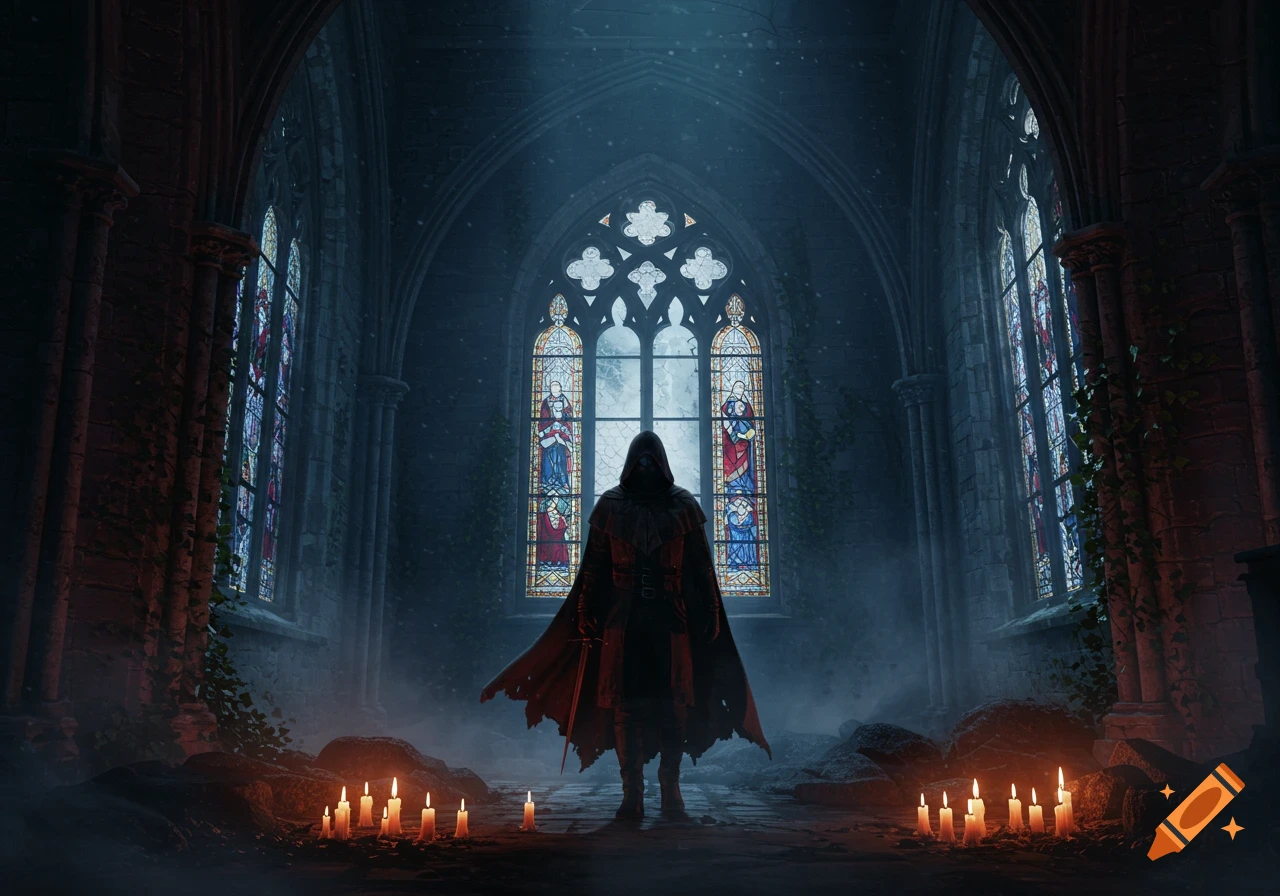 A hooded figure stands facing a large stained-glass window in a dark, misty gothic cathedral with many lit candles.