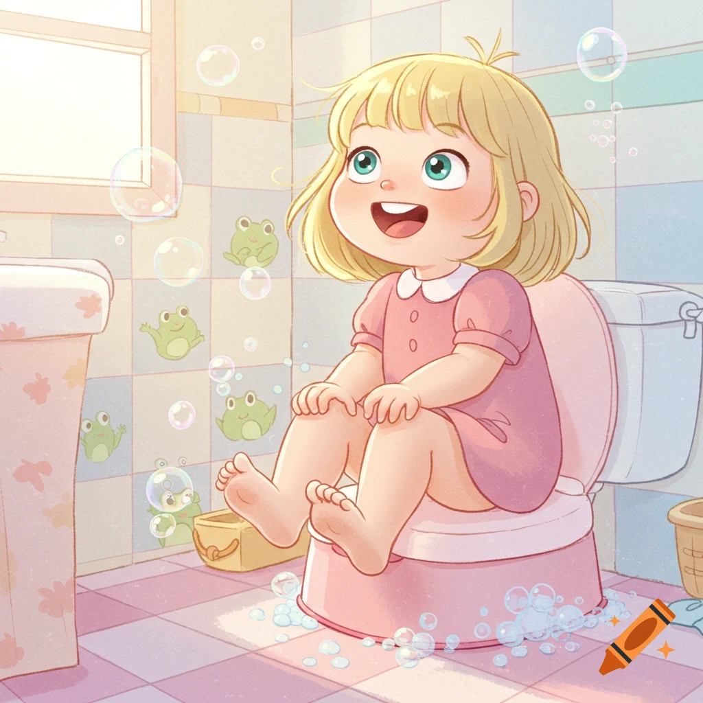 A happy blonde cartoon toddler girl sits on a pink potty chair, looking up at bubbles floating in a brightly lit bathroom with frog-patterned tiles.