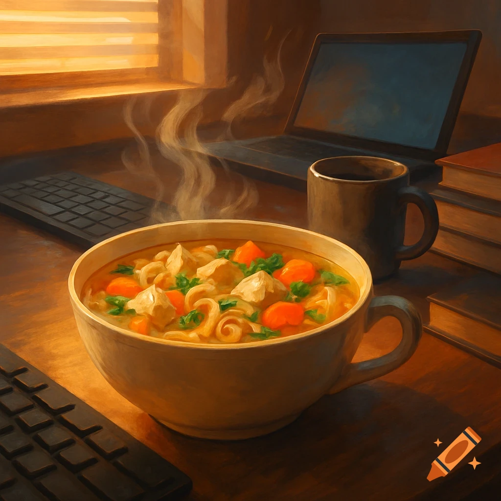 Steaming chicken noodle soup on a wooden desk with a laptop, mug, and books, in a warm, painterly style.