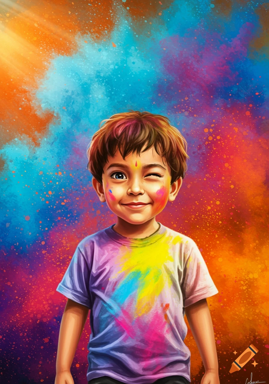 A young boy with colorful powder on his face and shirt winks, against a vibrant, splattered background, in a digital painting style.