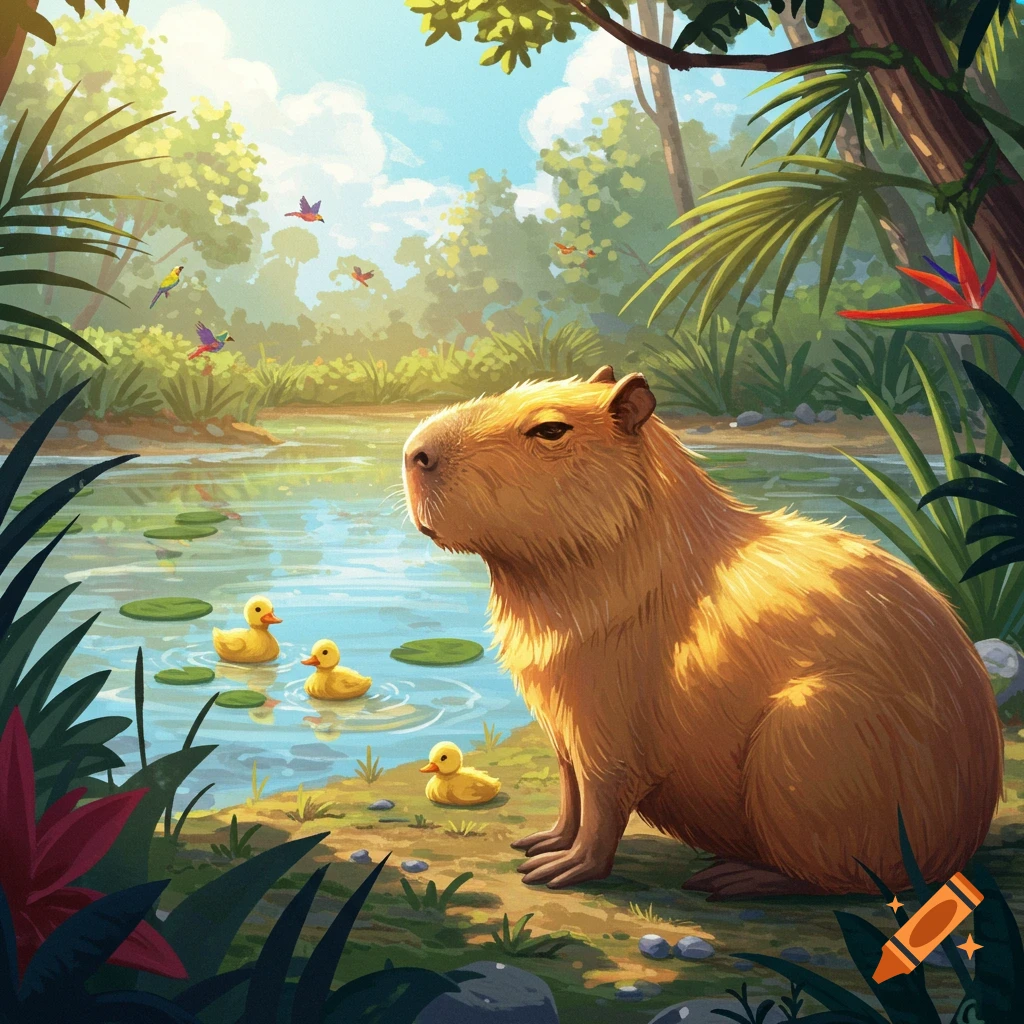 A cute capybara sits by a pond with three yellow ducklings, surrounded by lush green foliage under a sunny sky.