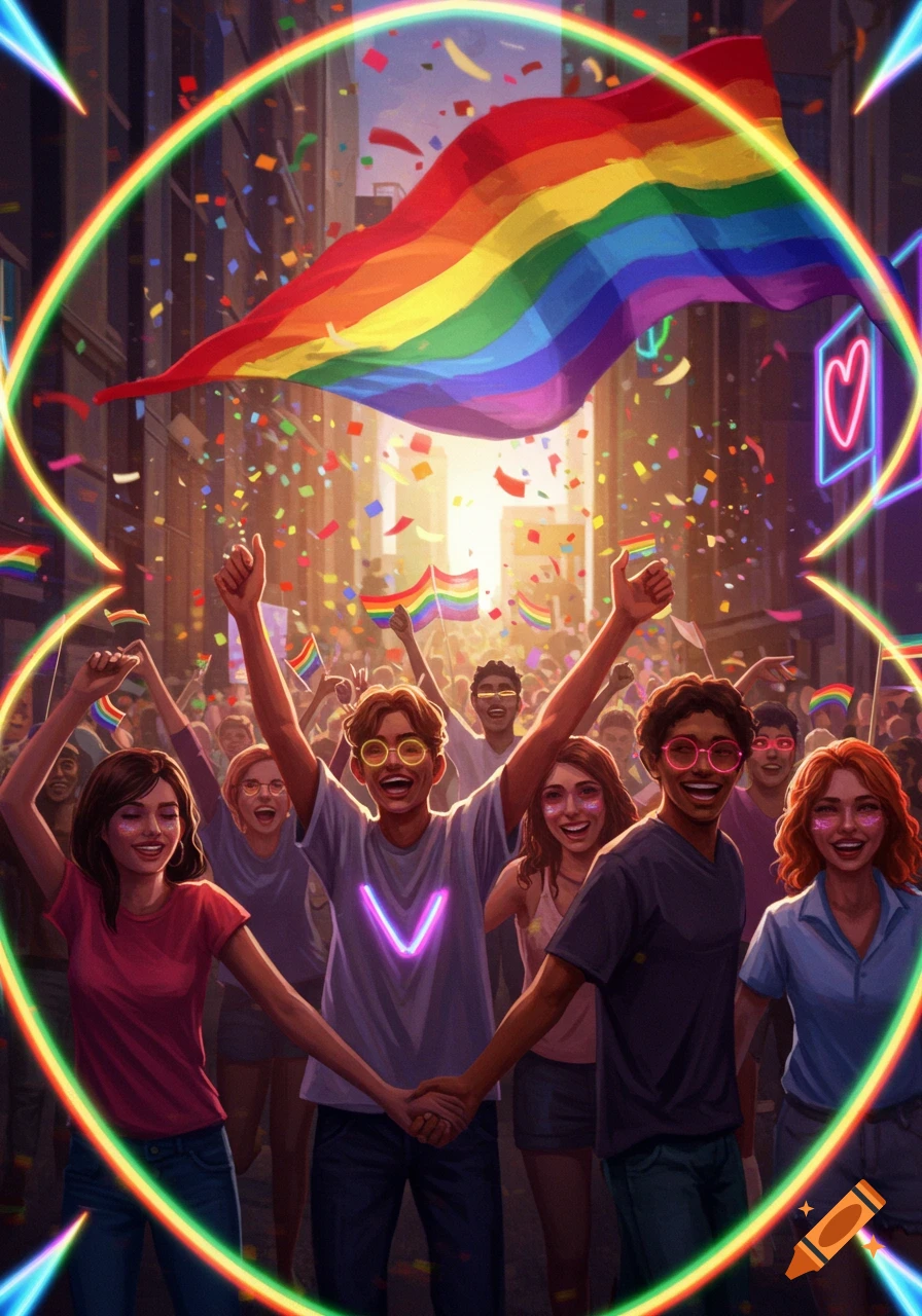 Vibrant illustration of a diverse crowd celebrating at a pride parade, with a large rainbow flag overhead and falling confetti.