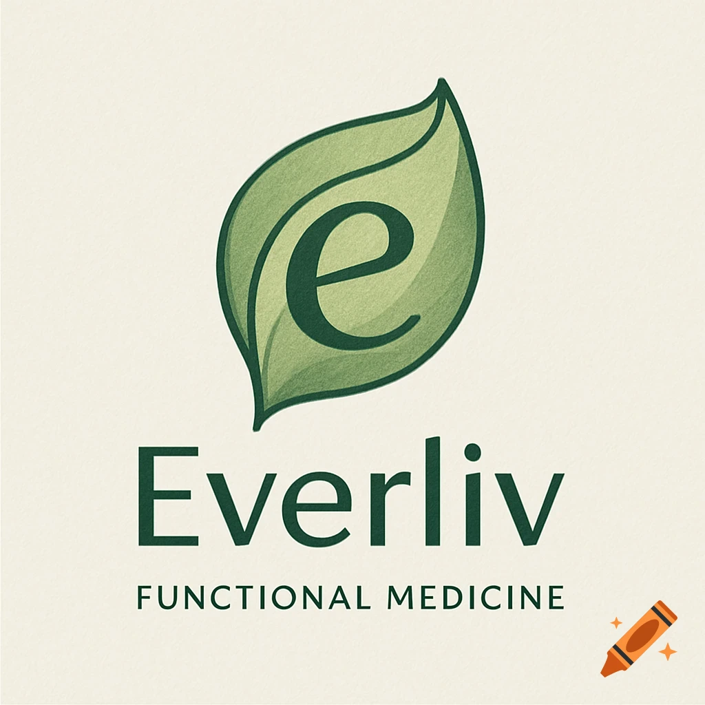 A logo featuring a green leaf with a dark green 'e' inside, and the text 'Everliv FUNCTIONAL MEDICINE' below it on a cream background.