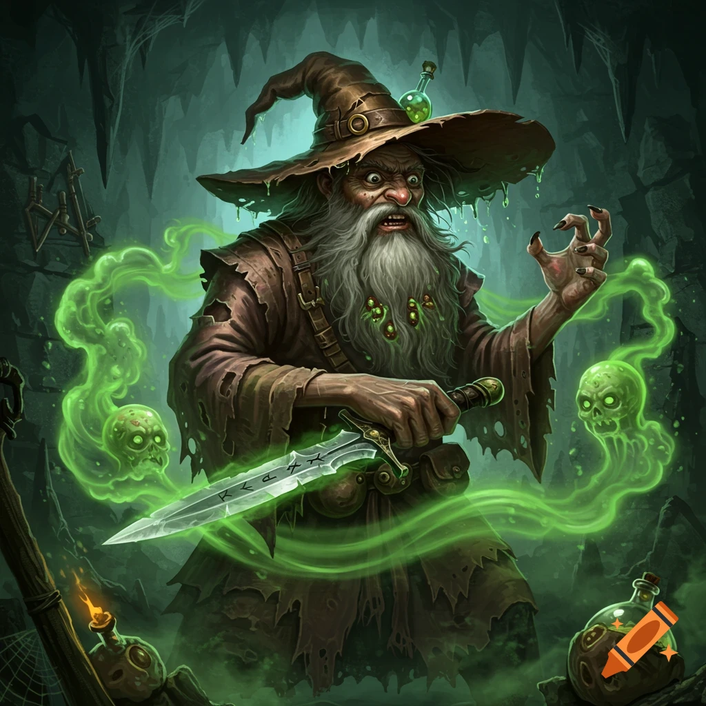 A grizzled wizard with a long beard and a pointed hat holds a glowing dagger, surrounded by green mystical smoke and floating skulls in a dark cave.