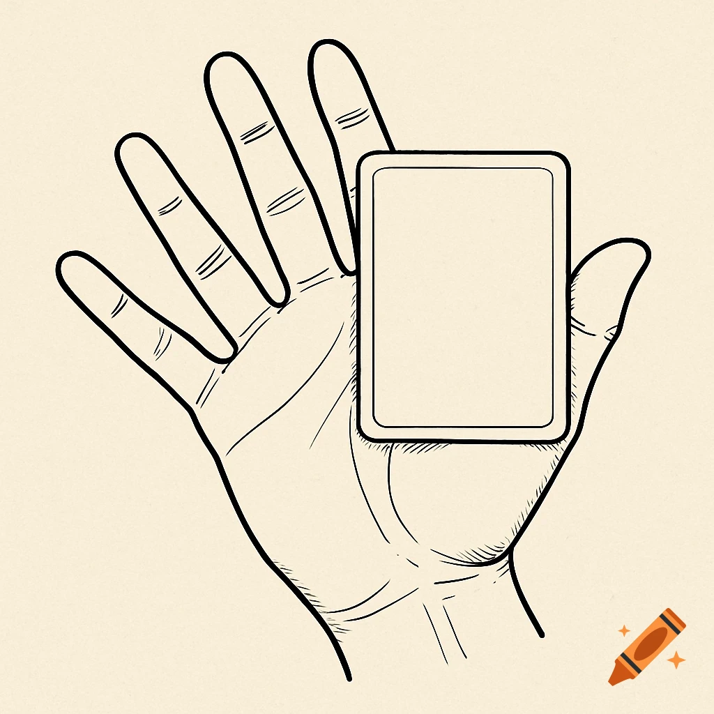 Black and white line drawing of a left hand holding a blank playing card.