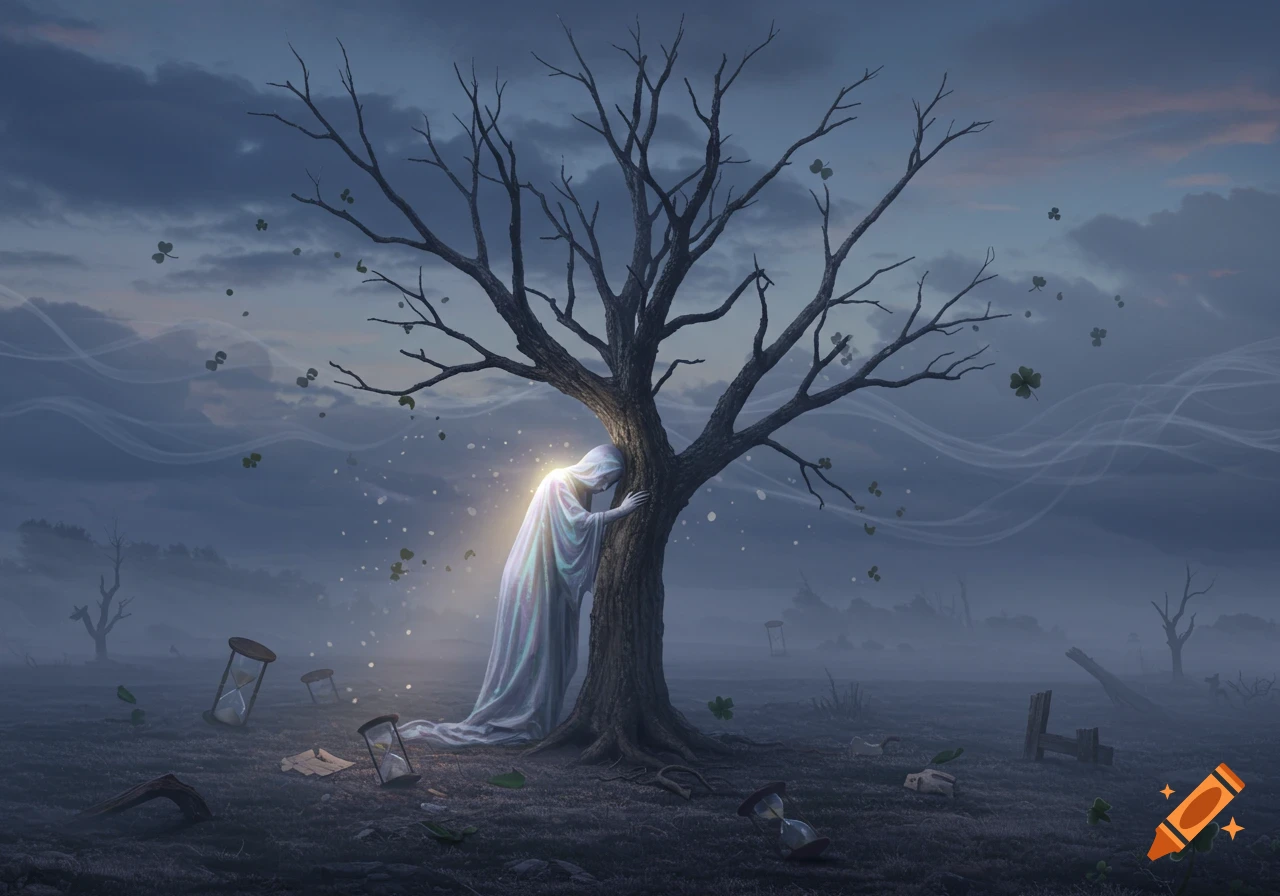 A glowing cloaked figure embracing a barren tree in a desolate, misty landscape with scattered hourglasses and clovers.