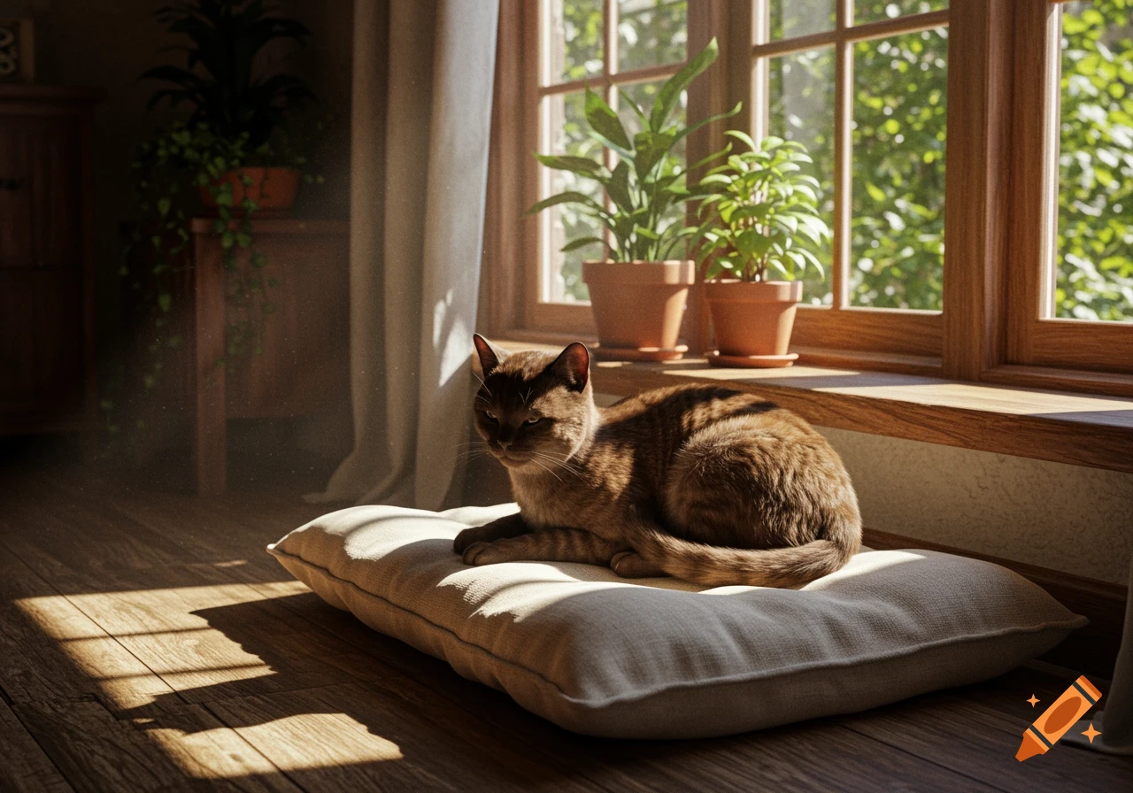 A photorealistic brown cat rests on a cushion by a sunlit window with potted plants.
