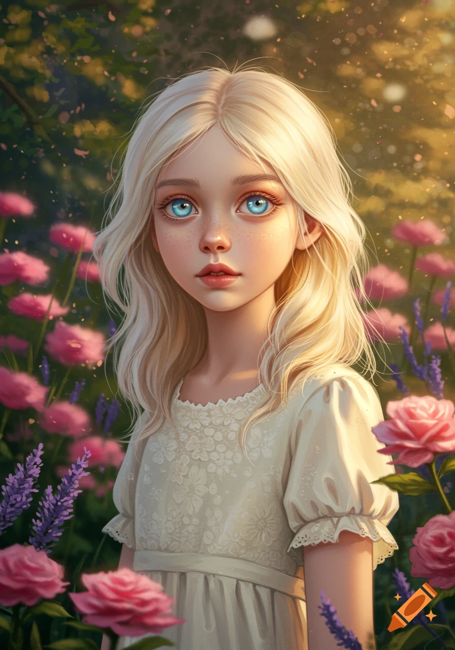 A young girl with blonde hair and large blue eyes stands in a vibrant field of pink roses and purple flowers.
