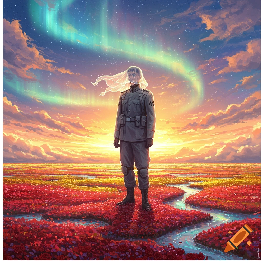 A soldier in a grey uniform with a veil stands in a field of red flowers and a river under a vibrant sunset sky with aurora borealis.