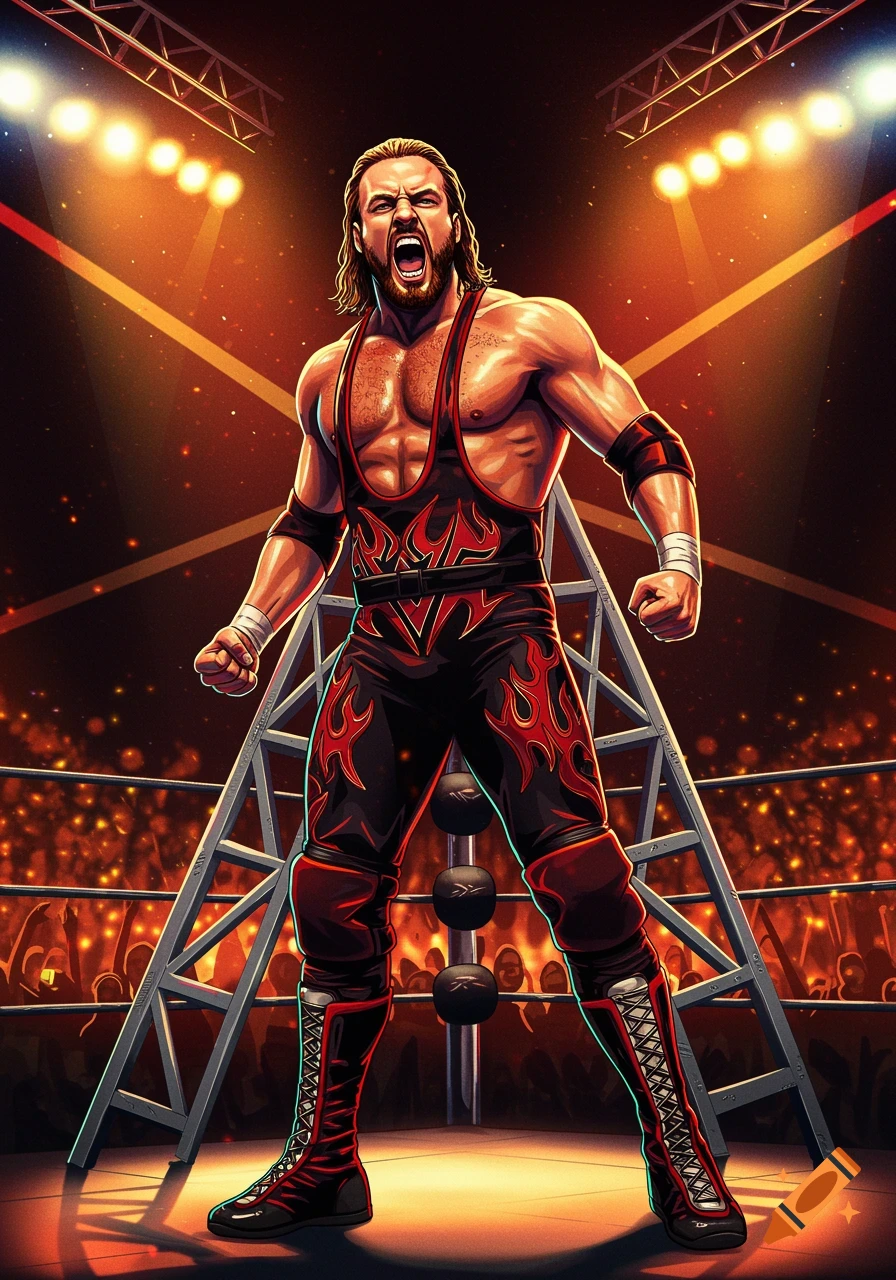 A muscular male wrestler in black and red gear yells aggressively in a spotlighted wrestling ring with a ladder, in an illustrative style.