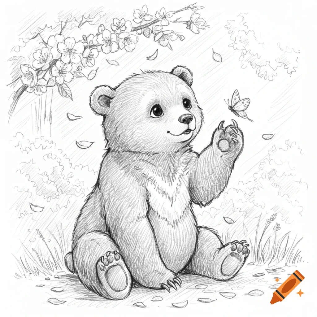 A cute bear cub sits under a blossoming tree, reaching up to a butterfly, in a monochrome pencil sketch style.