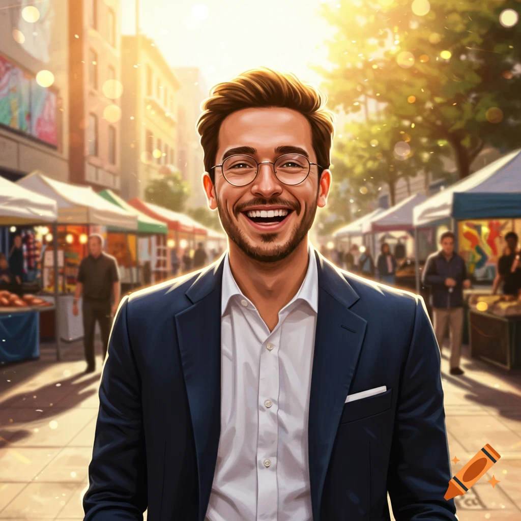 A smiling man with glasses and a beard in a suit stands in a sunny outdoor market.