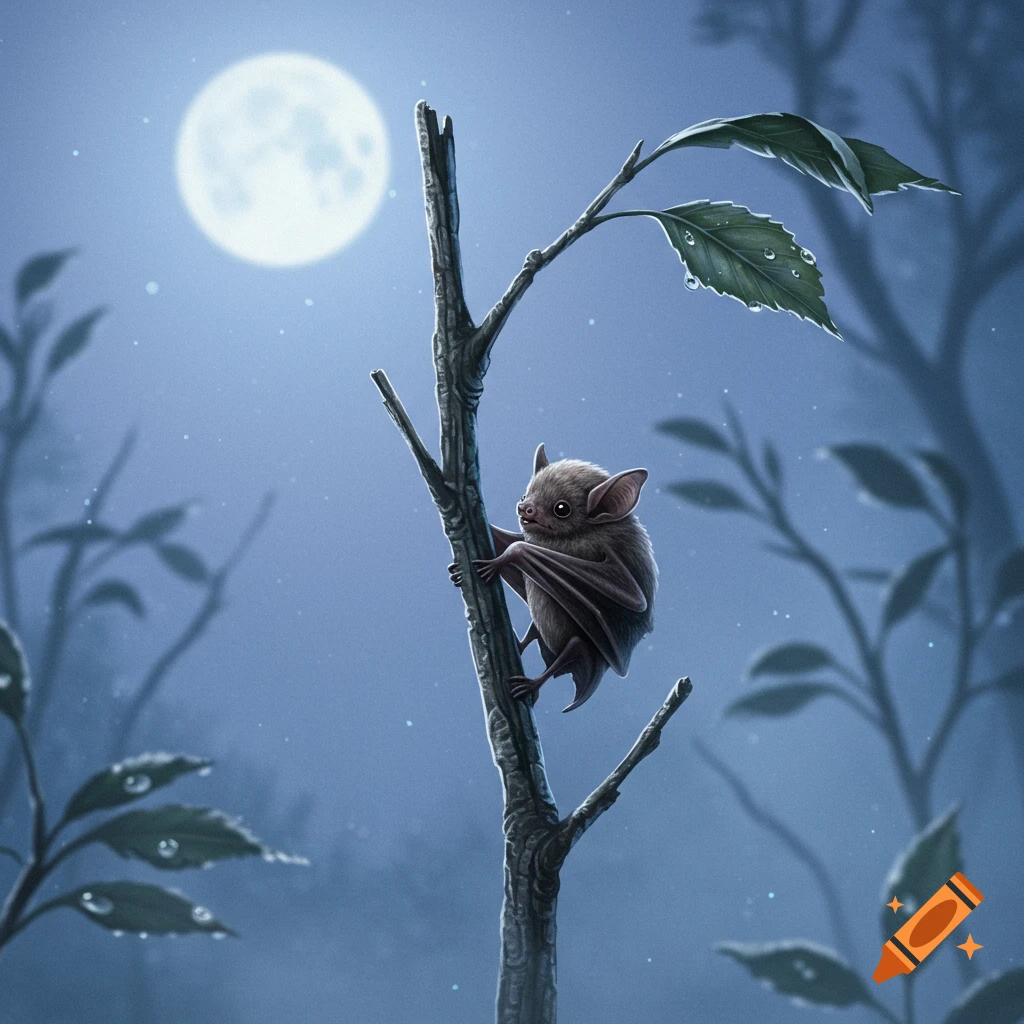 A small, cute bat clings to a tree branch at night with a large full moon in the background.