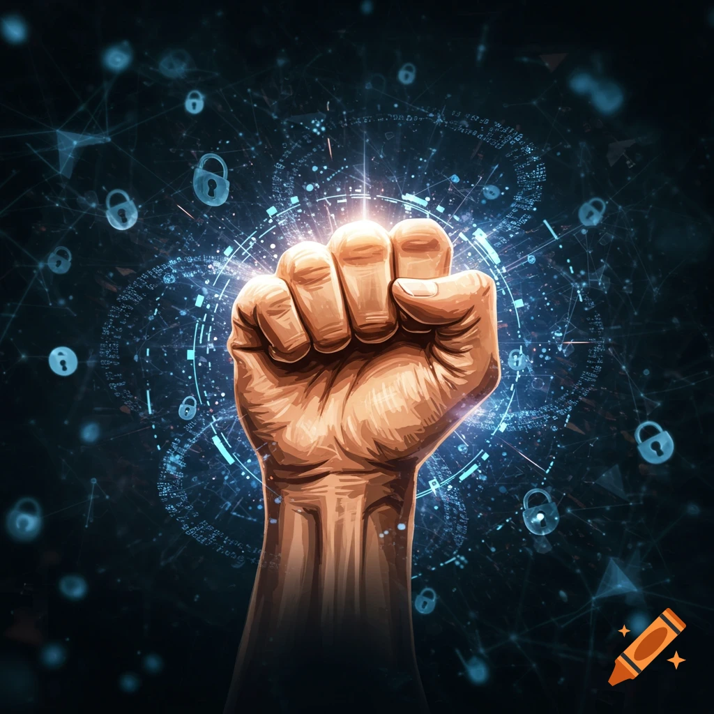 A stylized brown-skinned fist raised against a dark blue background with glowing digital circuitry and padlock icons.