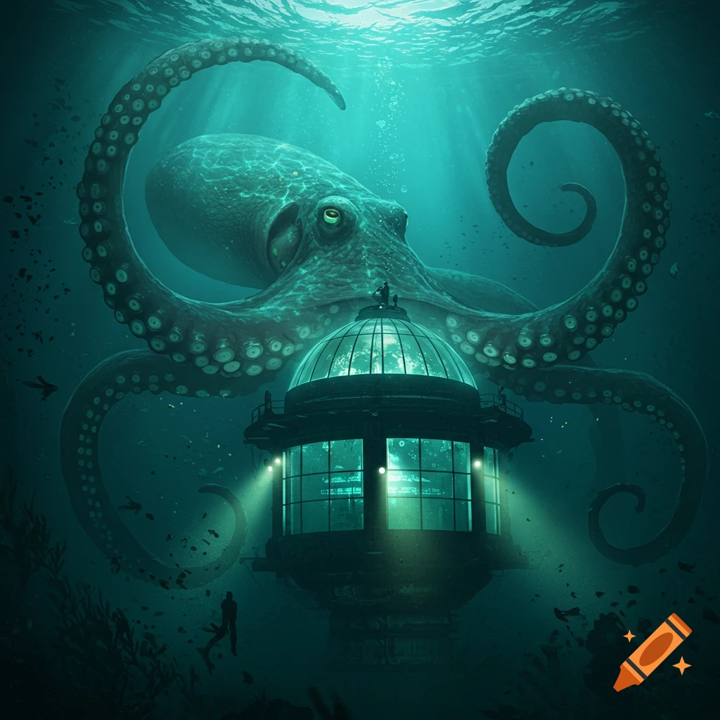 A colossal, monstrous octopus with glowing eyes looms over an illuminated underwater observatory. A diver swims in the deep, dark ocean.