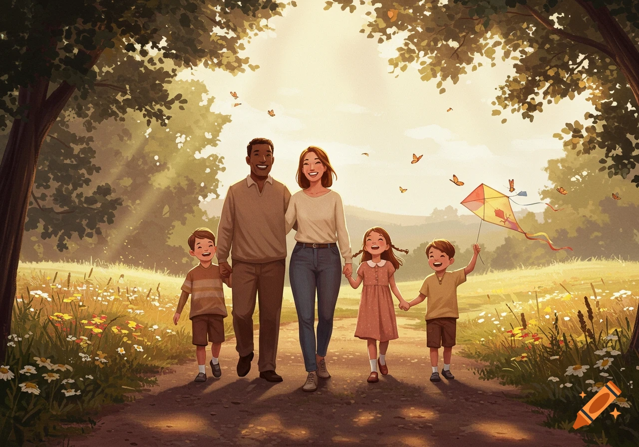 An illustrated family of five, including two parents and three children, walks down a sunny path in a field, with one child holding a kite.