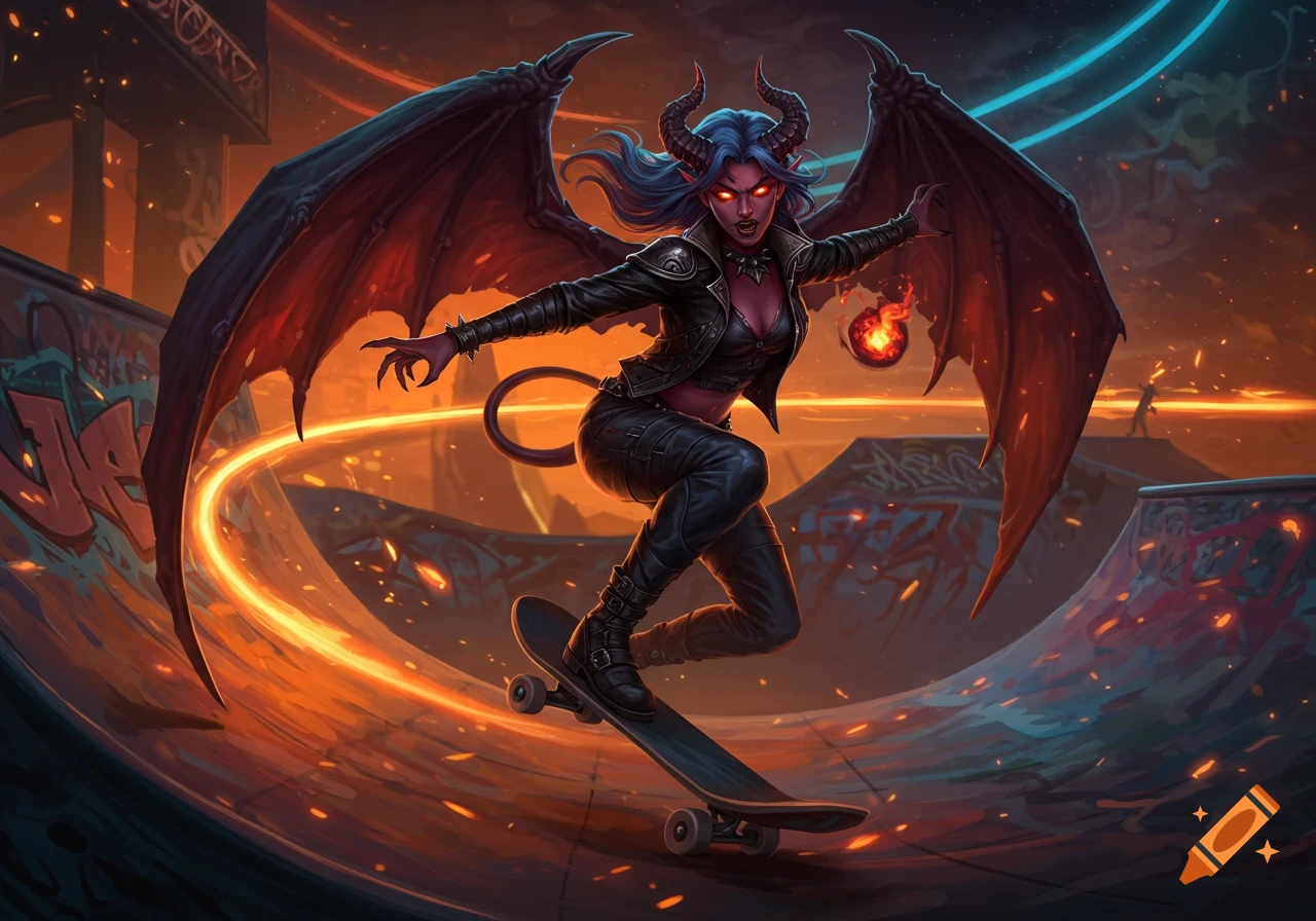A red-skinned female demon with horns, wings, and blue hair, wearing a leather jacket, skateboards in a dark, fiery skatepark.