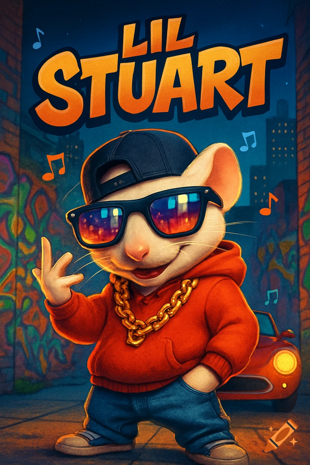 Cartoon mouse in rapper attire (backward cap, sunglasses, gold chain) striking a pose in an urban alley, with 'LIL STUART' above.