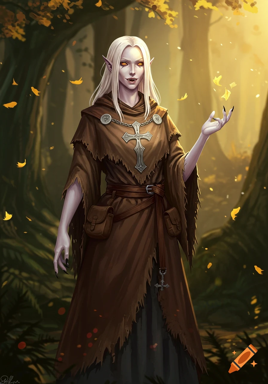 A pale, white-haired vampire-like cleric with pointed ears and fangs, wearing a tattered brown robe with a large cross, stands in a golden-lit forest.