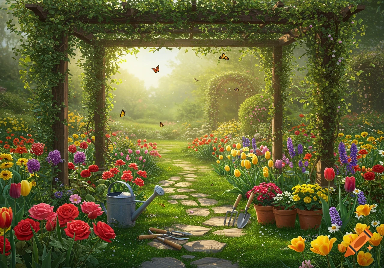 A vibrant, sunlit garden path under a green pergola, surrounded by colorful flowers, butterflies, a watering can, and gardening tools.