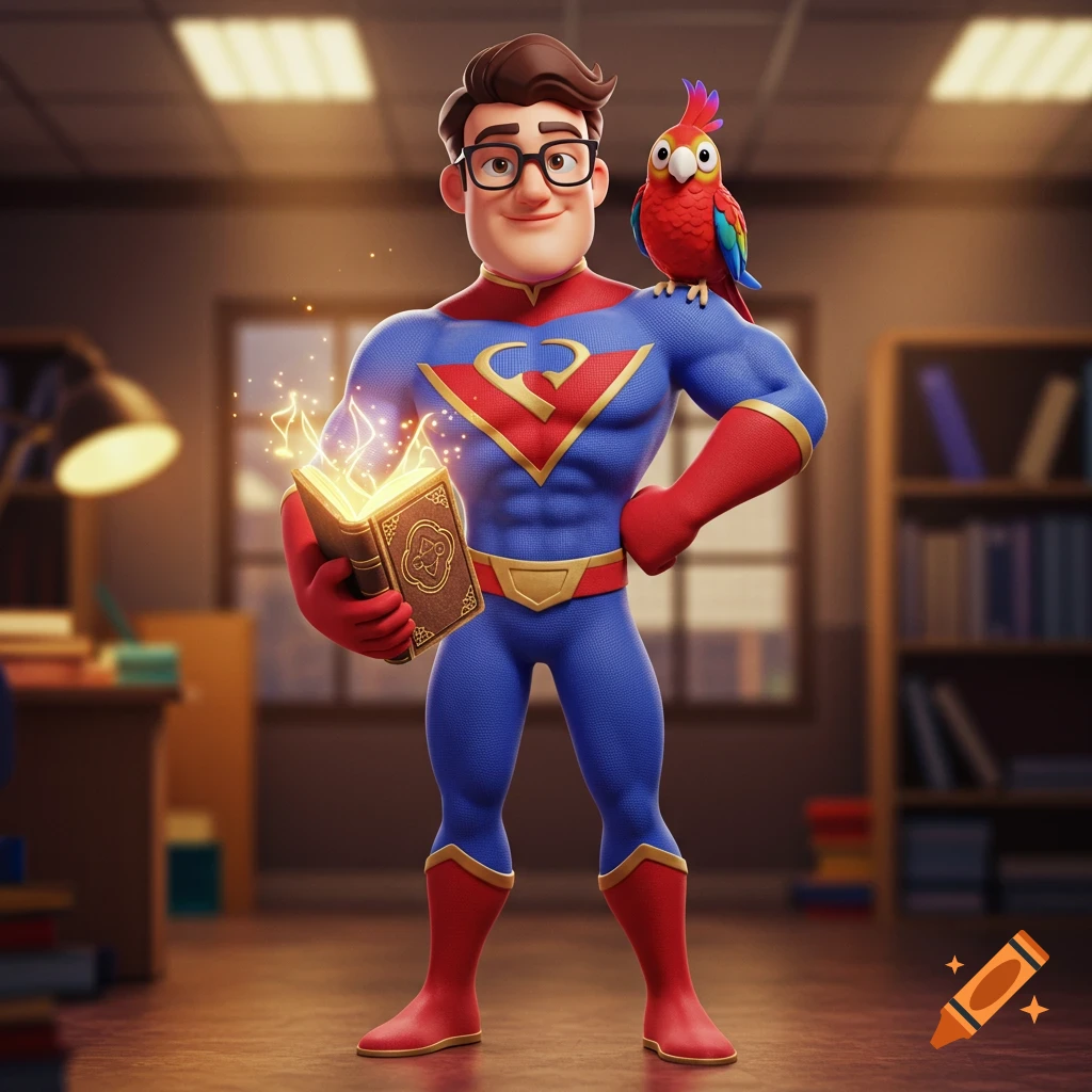 A 3D rendered cartoon superhero with glasses and a parrot on his shoulder holds a glowing magical book in a classroom.