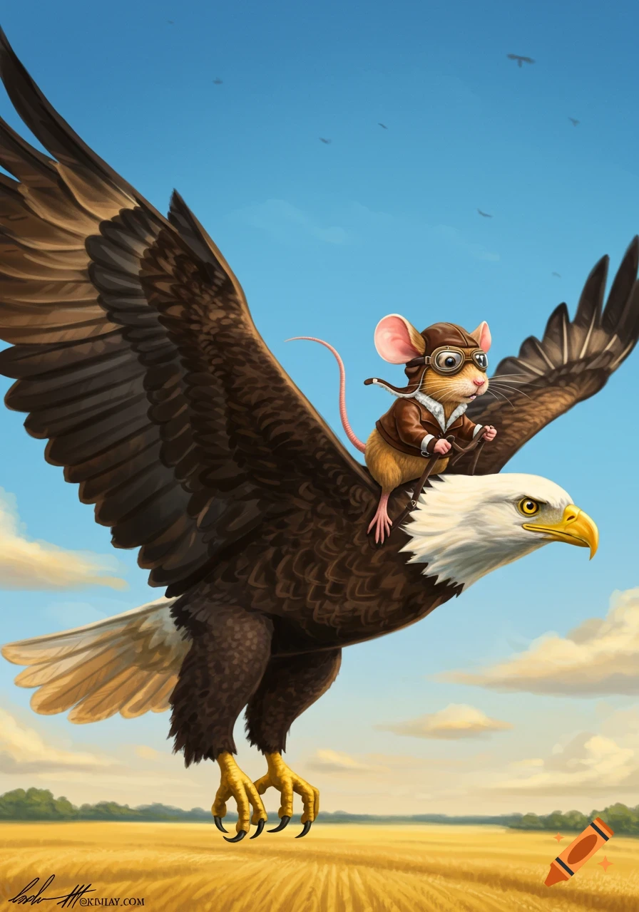 A cartoon field mouse in aviator goggles rides a bald eagle flying over a golden field under a blue sky.