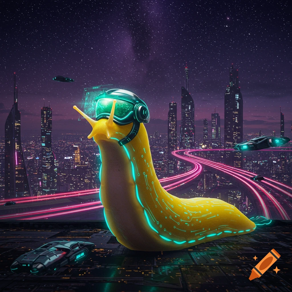 A yellow slug with glowing circuits and a sci-fi visor sits on a rooftop overlooking a futuristic cityscape at night with flying cars.