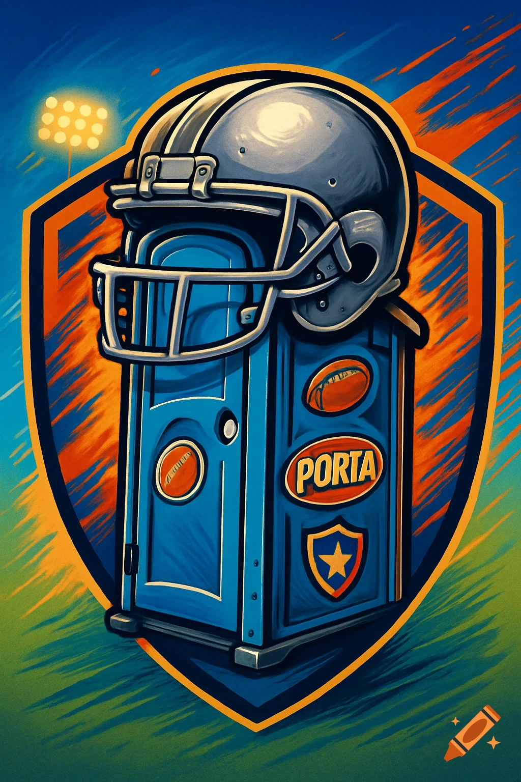 A digital art logo featuring a blue porta potty wearing a football helmet, with footballs and a shield emblem, against a stadium background.