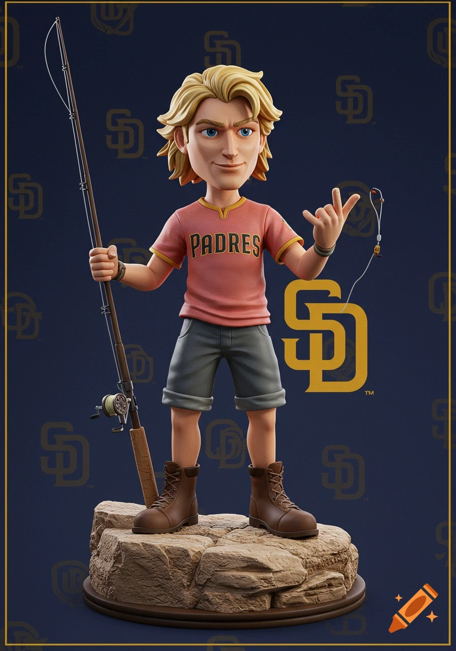Stylized blonde action figure in a Padres shirt holding a fishing rod, standing on a rock base with an SD logo background.