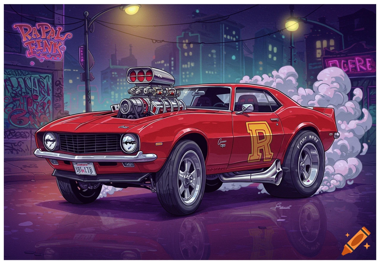 A vibrant cartoon illustration of a red 3rd Gen Chevy Camaro hot rod with an exposed engine, burning rubber on a city street at night, in the style of Rat Fink.