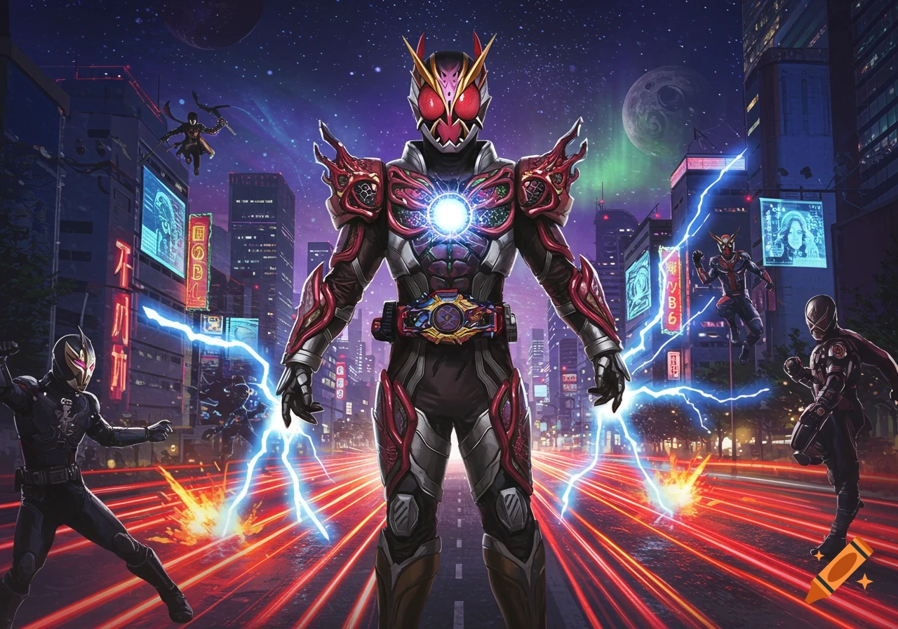 A large, armored superhero with a glowing chest stands centrally in a futuristic city at night, surrounded by other heroes and lightning.