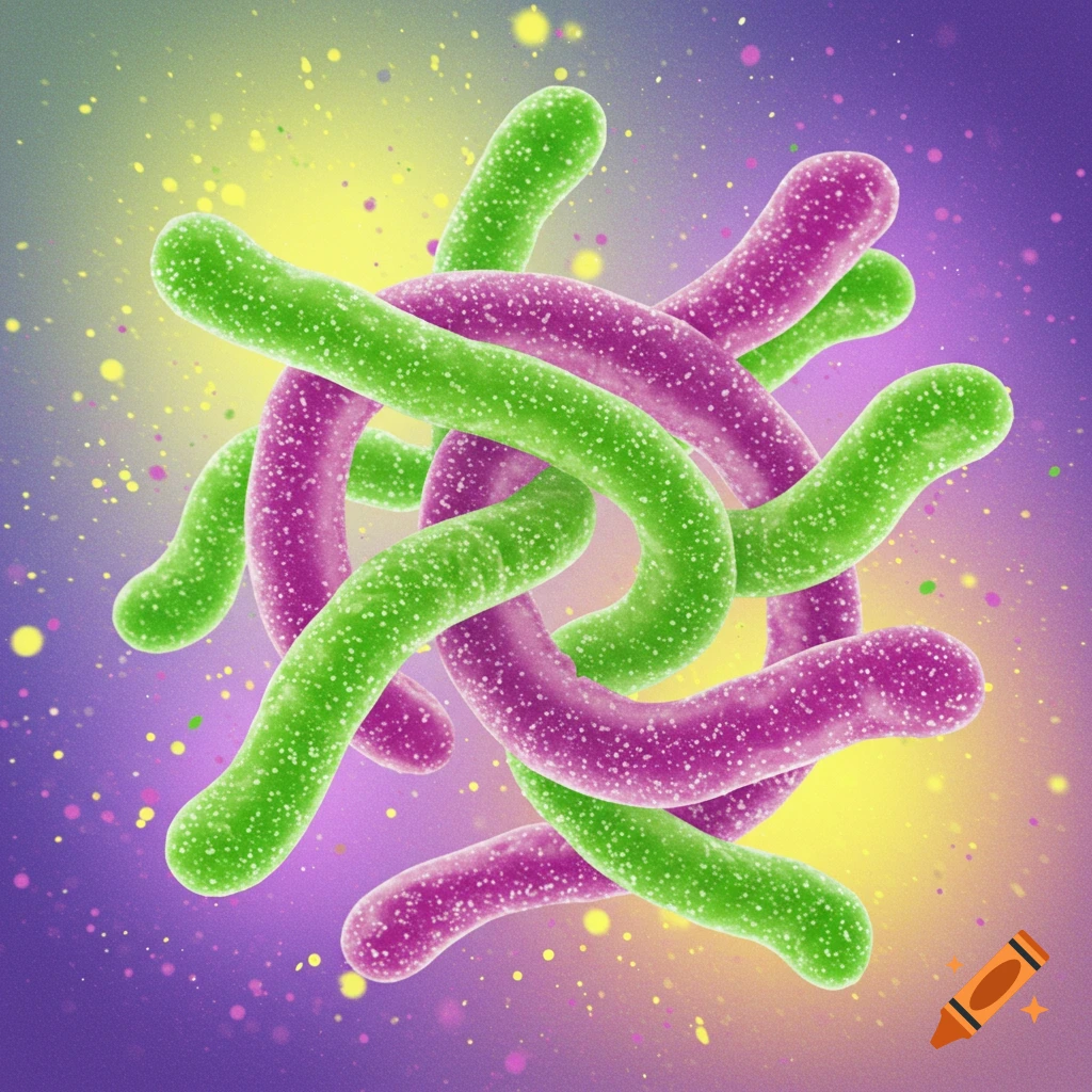 Intertwined green and purple gummy worms with a sugary texture, set against a vibrant purple and yellow speckled background.