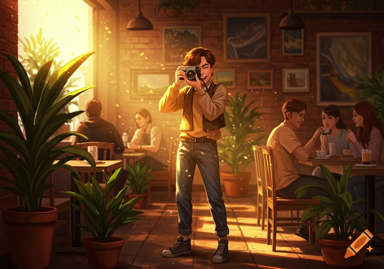 A smiling person in a cafe holds a camera and appears to be taking a picture, bathed in warm sunlight. Other patrons are seated at tables in the background. Illustrated style.