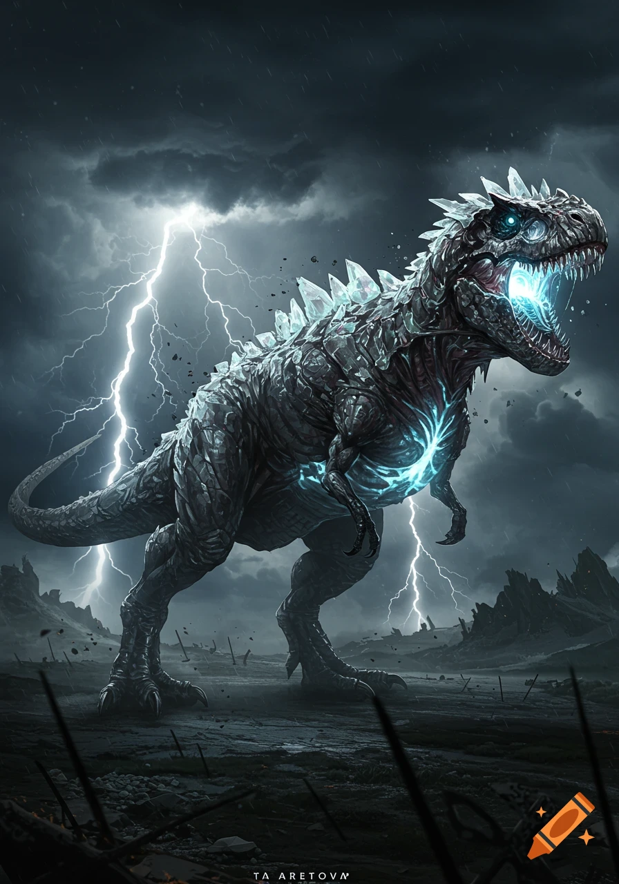 A colossal, crystal-covered T-Rex with glowing blue energy roars during a thunderstorm over a desolate battlefield.