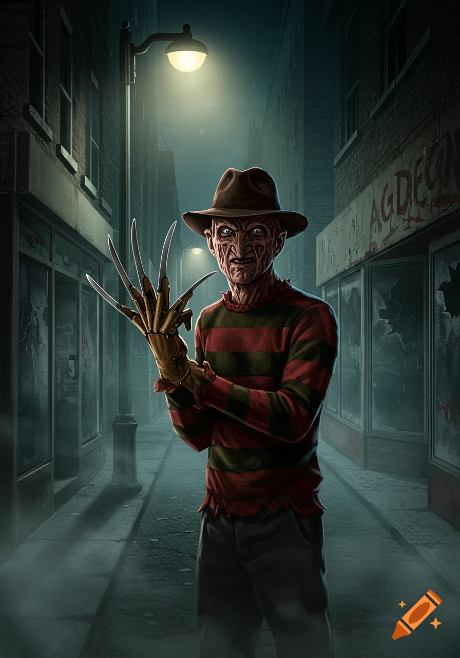 Stylized illustration of Freddy Krueger in a fedora and striped sweater, wearing his clawed glove, standing in a foggy, dark alley.