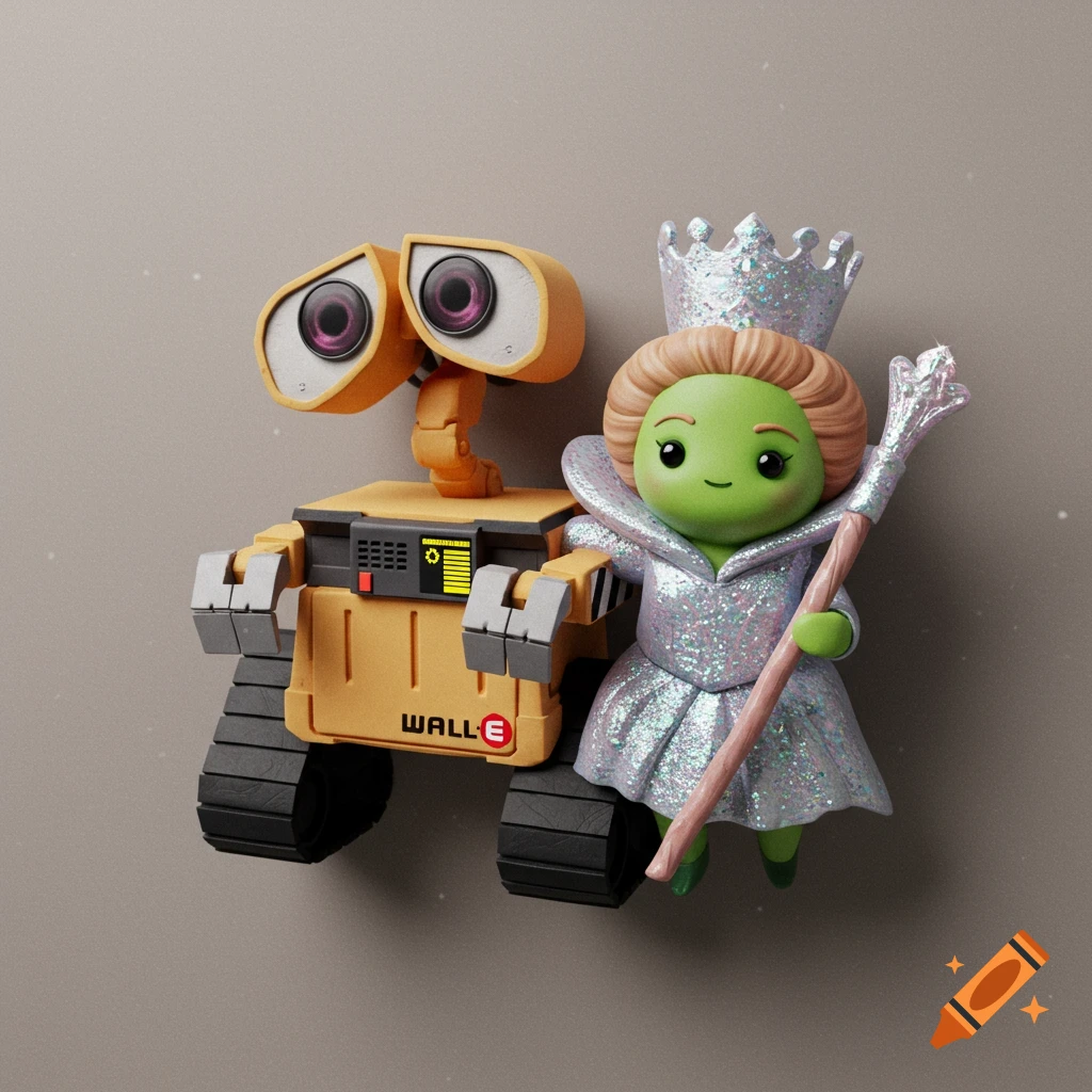 A digital render of a clay magnet featuring WALL-E the robot and a green-faced Glinda with a glittery dress and crown.