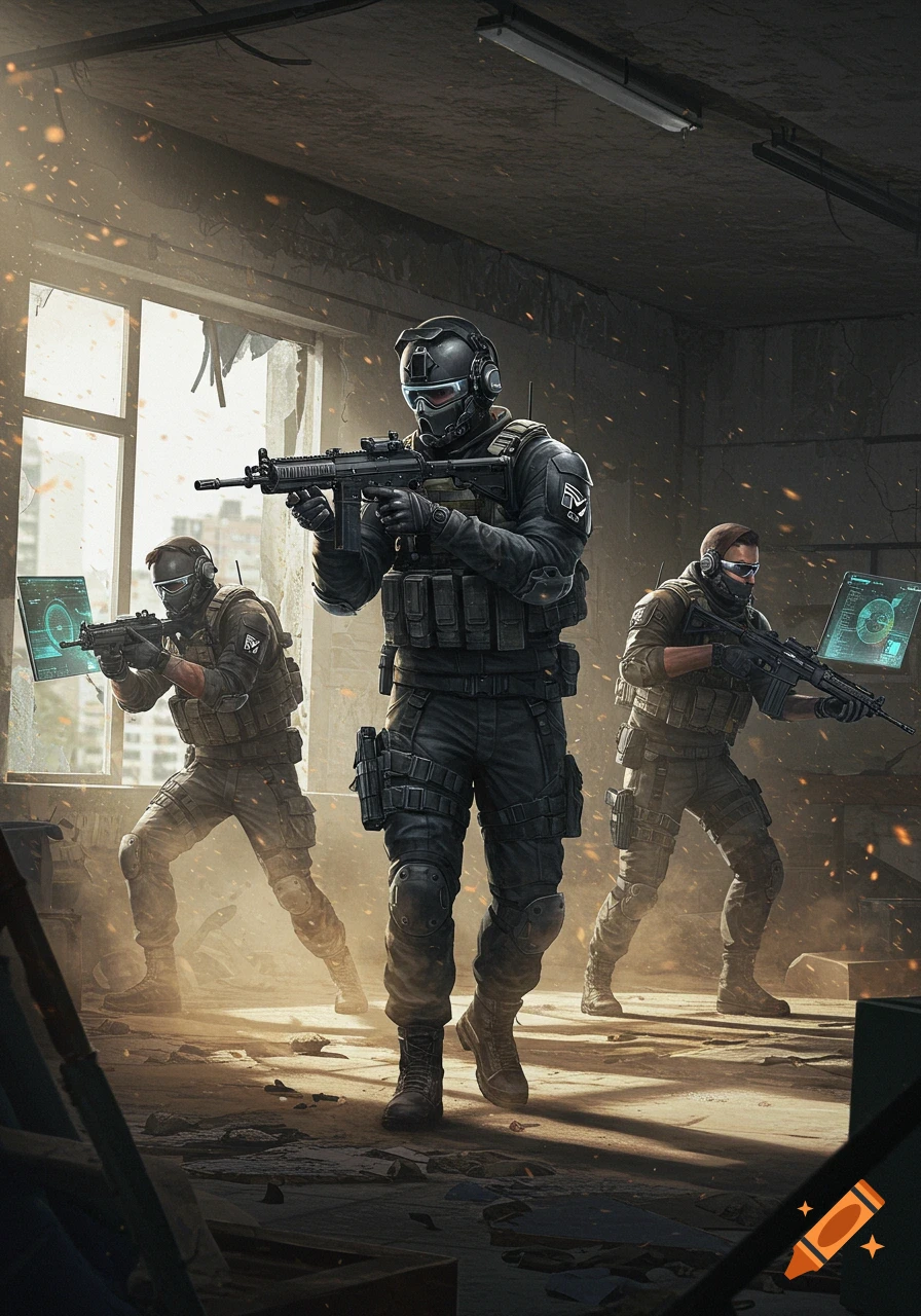 Three armed tactical soldiers with futuristic gear in a ruined building, dust and light streaming through windows.