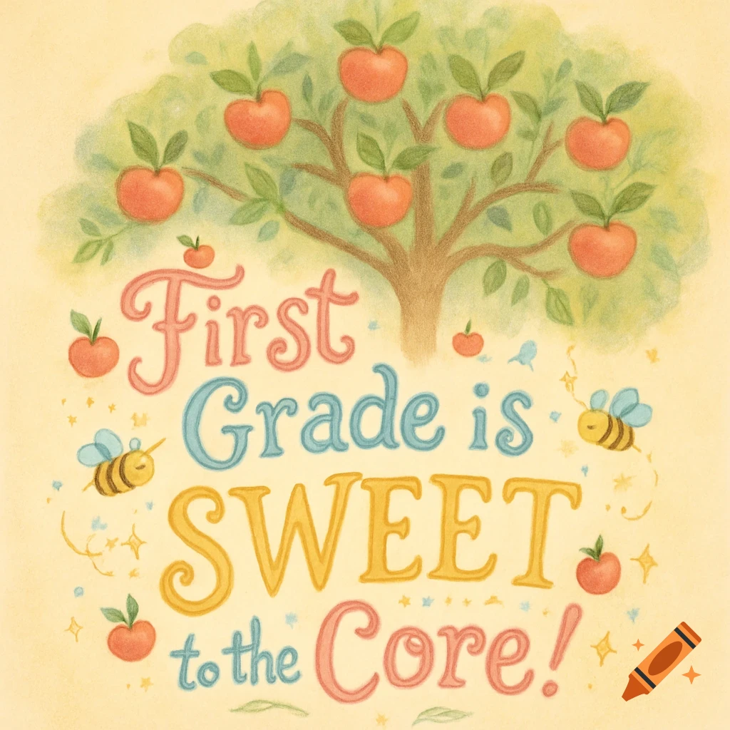 A whimsical illustration featuring an apple tree with red apples, two bees, and the text "First Grade is SWEET to the Core!" in a cute, colorful font.