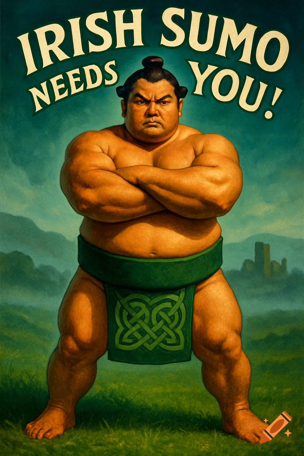 An illustrated poster features a serious sumo wrestler in a green mawashi with Celtic knot, standing on grass. Text reads 'IRISH SUMO NEEDS YOU!'