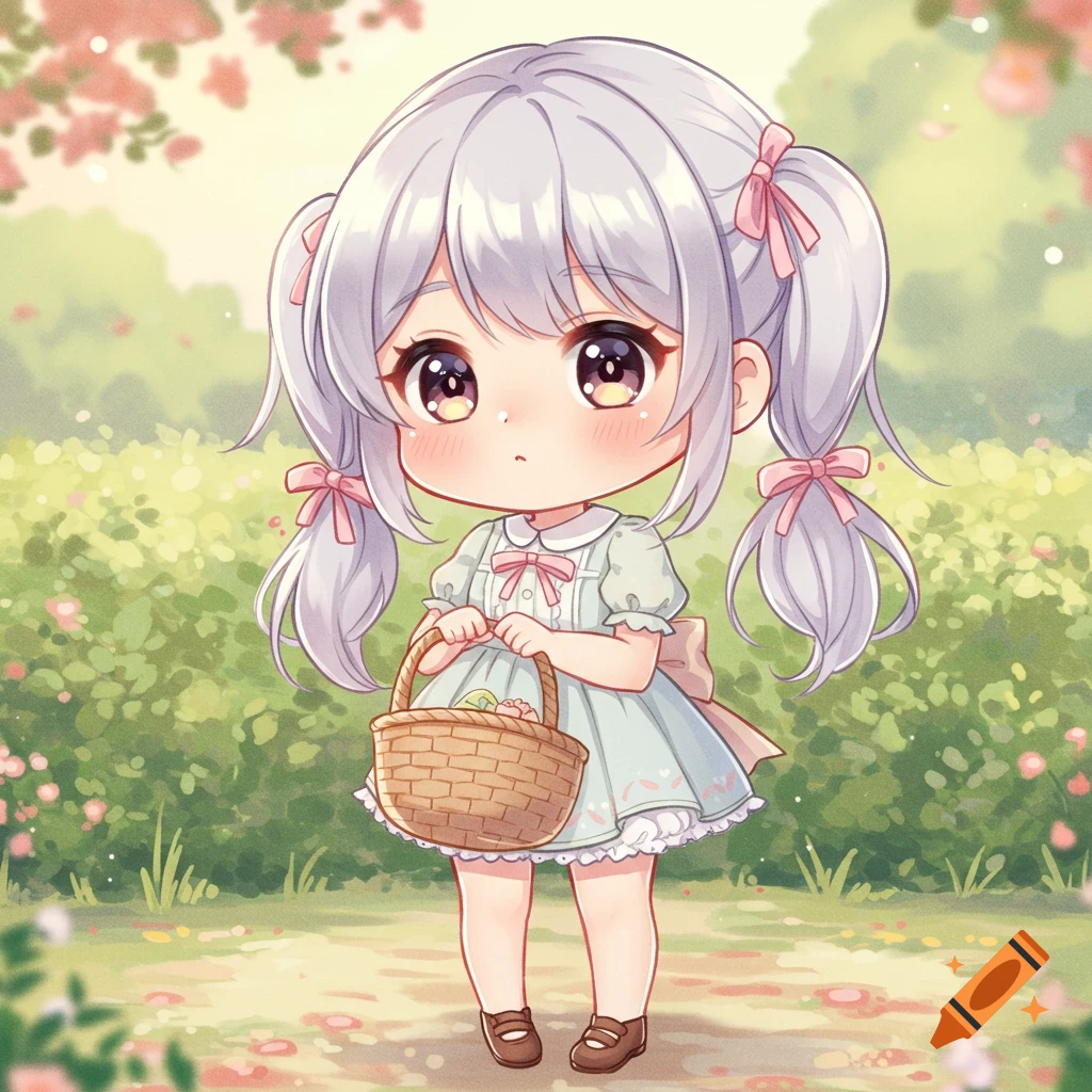 A cute chibi anime girl with silver pigtails in a light blue dress holds a basket in a sunny, flowery garden.