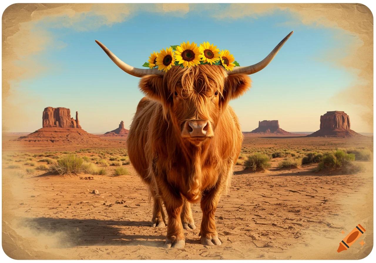 A fluffy highland cow wearing sunflowers stands in a vast, sunny desert with distant mesas under a clear blue sky.