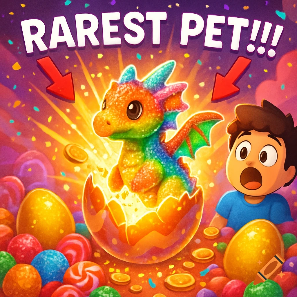 Cartoon boy reacts to a sparkling rainbow gummy dragon hatching from a candy egg, surrounded by colorful sweets and coins with "RAREST PET!!!" text.