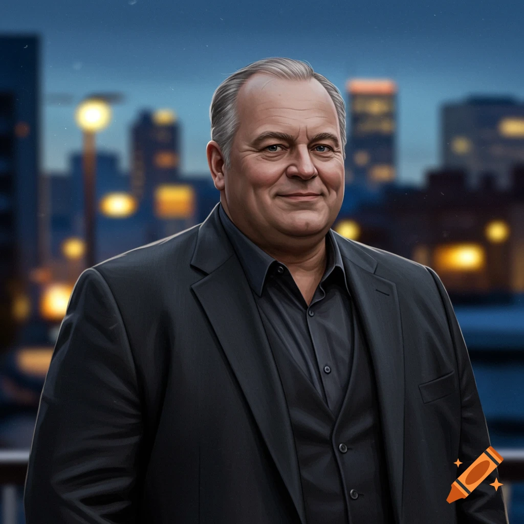 A man with grey hair and a black suit smiles against a blurred city skyline at dusk.