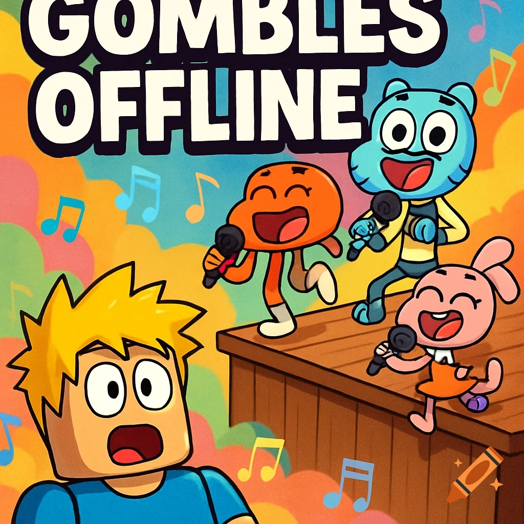 Gumball, Darwin, and Anais singing on a stage as a surprised Roblox character watches. Text reads 'GOMBLES OFFLINE' on a colorful background.