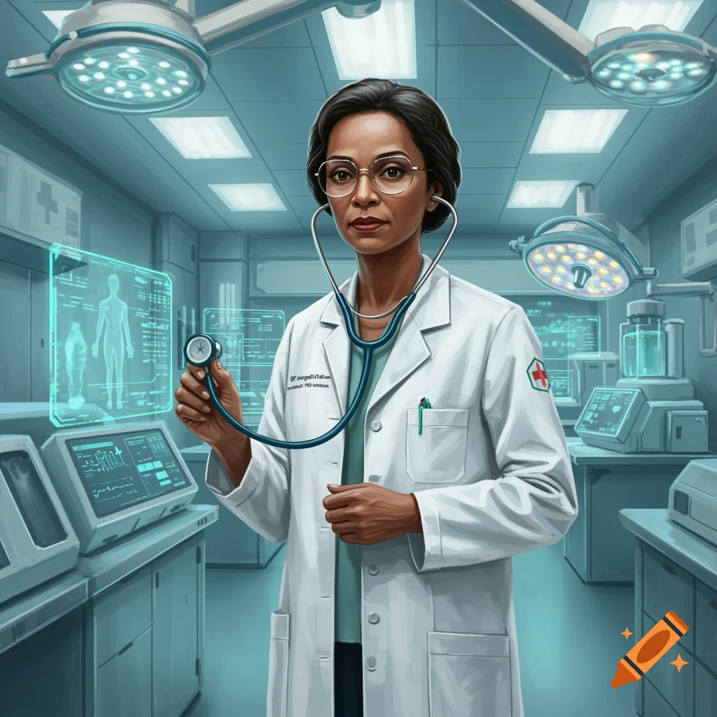 A female doctor in a lab coat and glasses holds a stethoscope in a futuristic medical operating room.