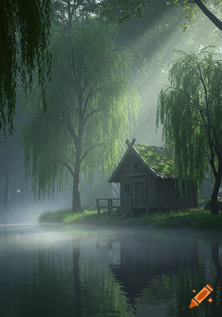 A small wooden cabin with a mossy roof stands by a foggy lake, surrounded by weeping willow trees under sun rays filtering through the forest.