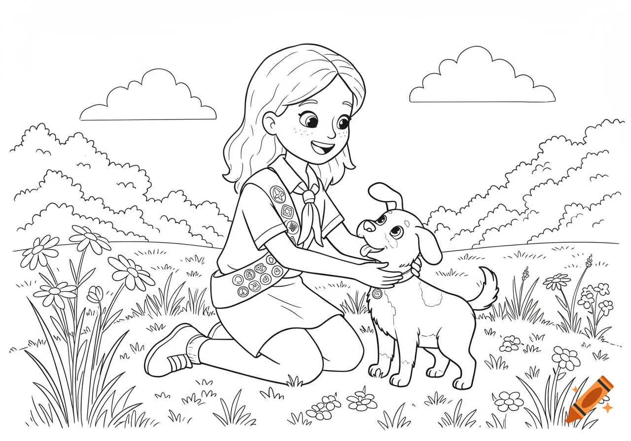 A line art coloring page shows a happy girl scout kneeling and petting a small puppy in a grassy field with flowers and clouds.