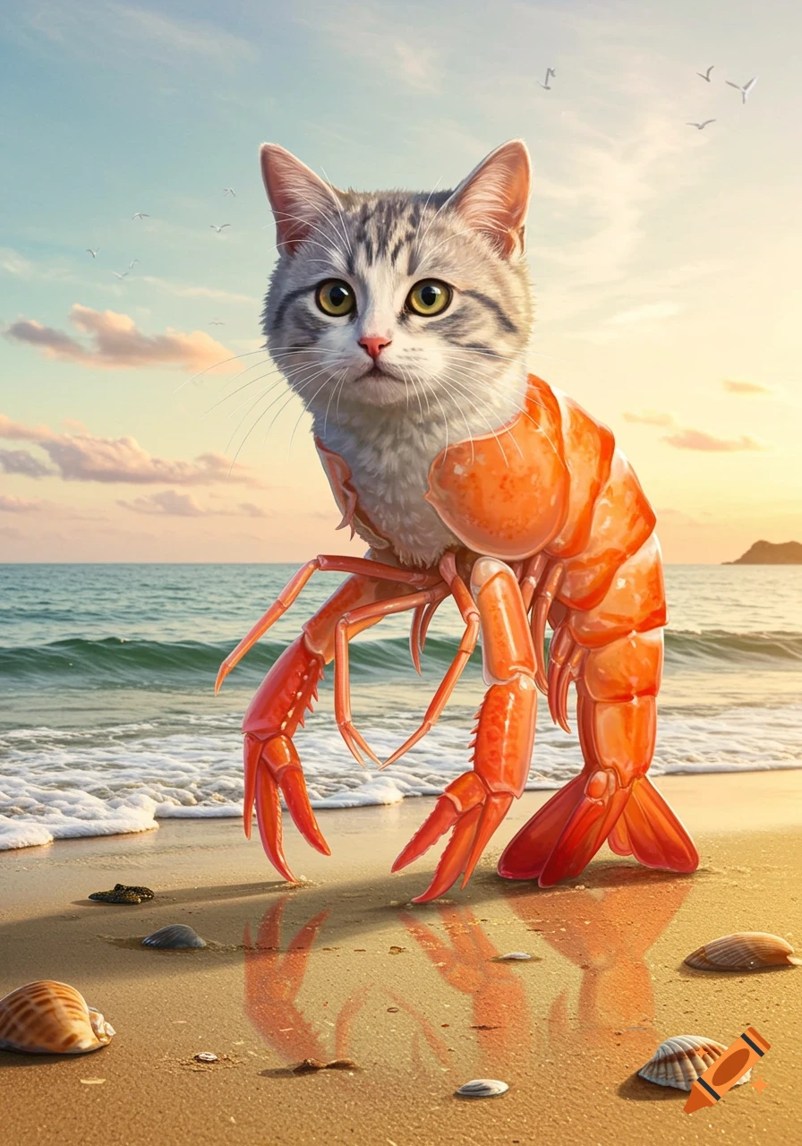 A photorealistic depiction of a grey tabby cat with an orange prawn body and legs standing on a sandy beach by the ocean at sunset.
