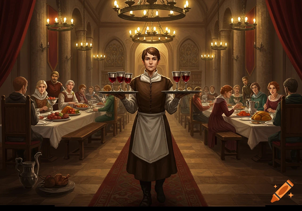 A medieval servant carries two trays of wine goblets through a large dining hall filled with people eating at long tables, under ornate chandeliers.